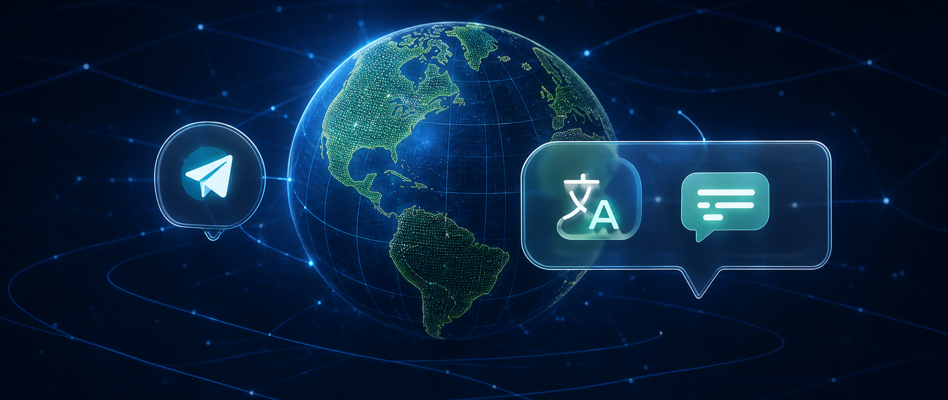 Global message routes orbiting a luminous globe